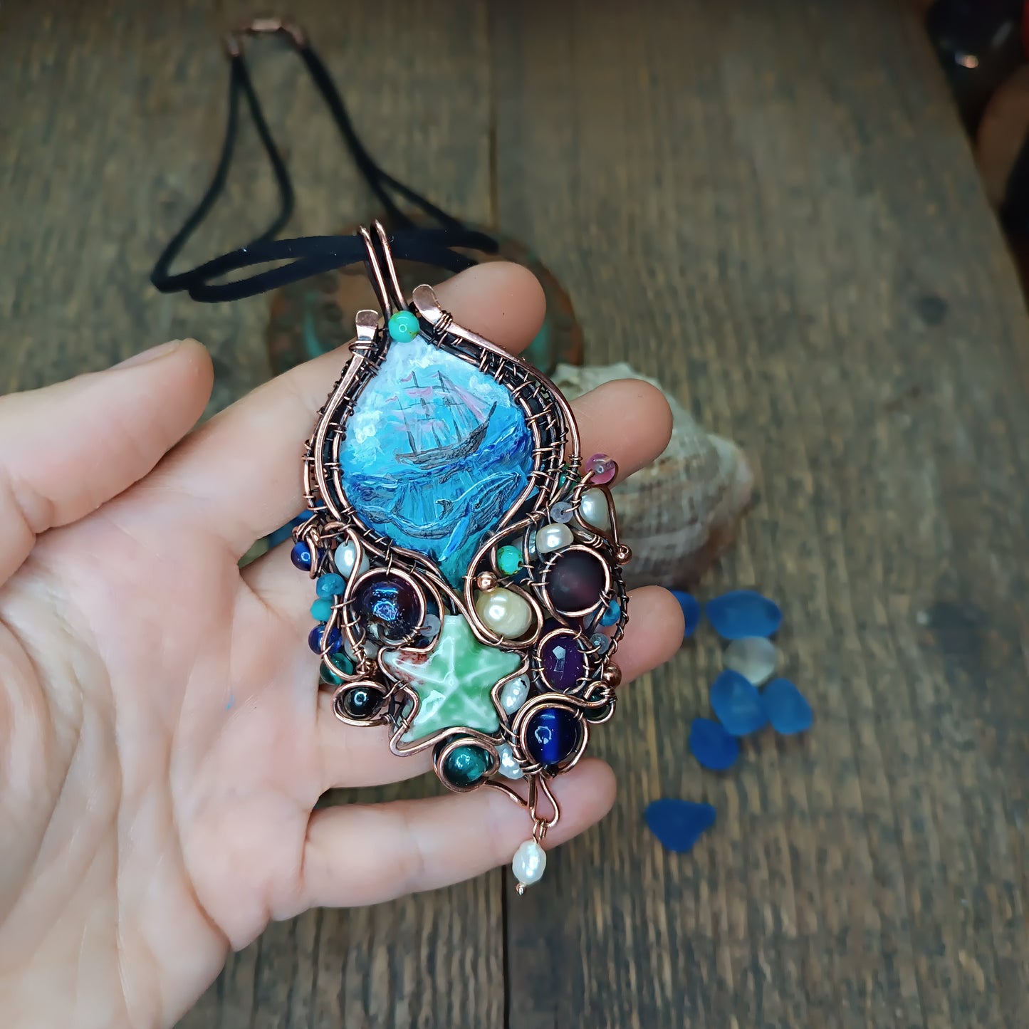 "Ocean" Copper necklace with mini paintings.
