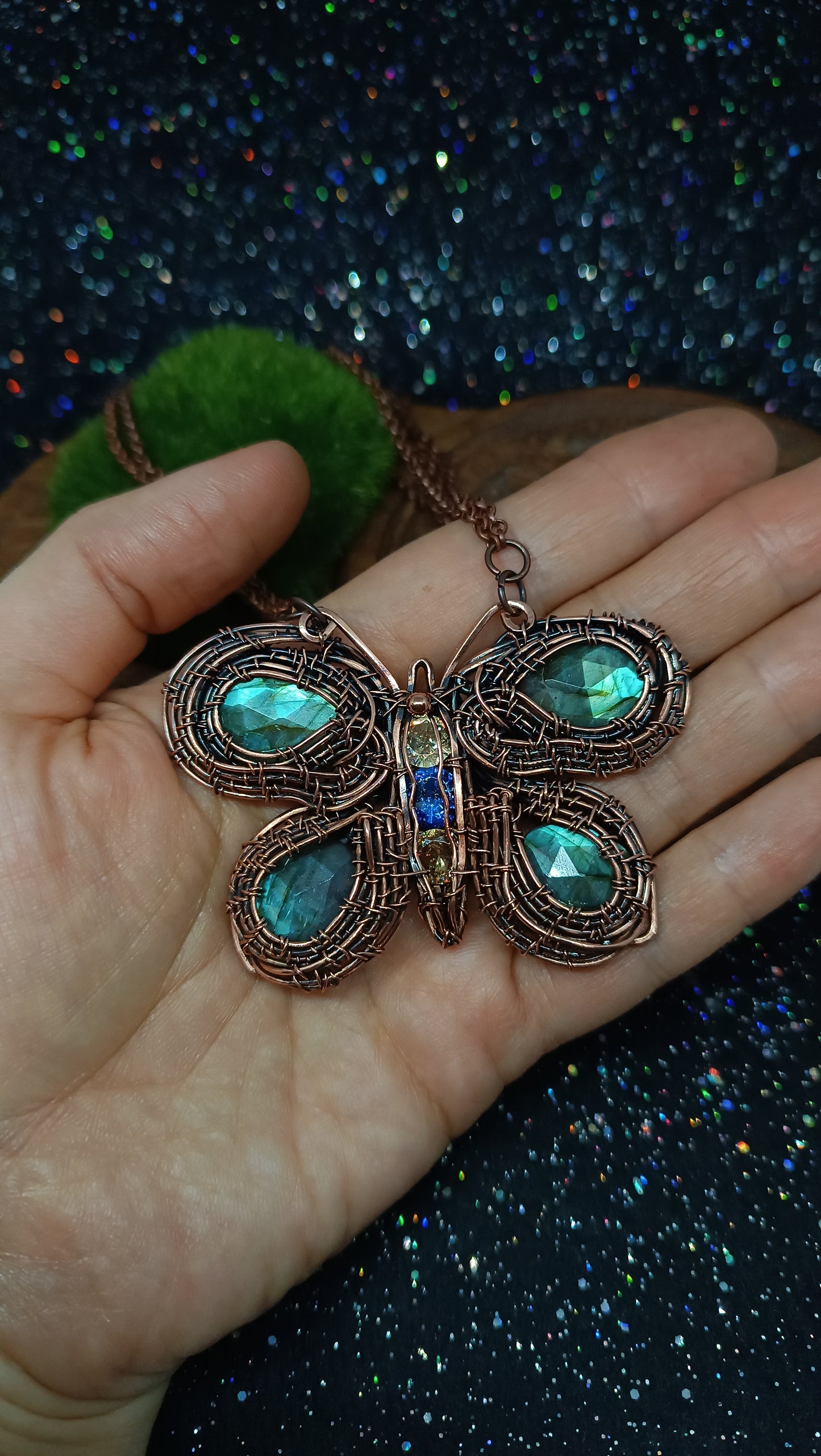 Copper wire wrapped butterfly necklace with faceted labradorites