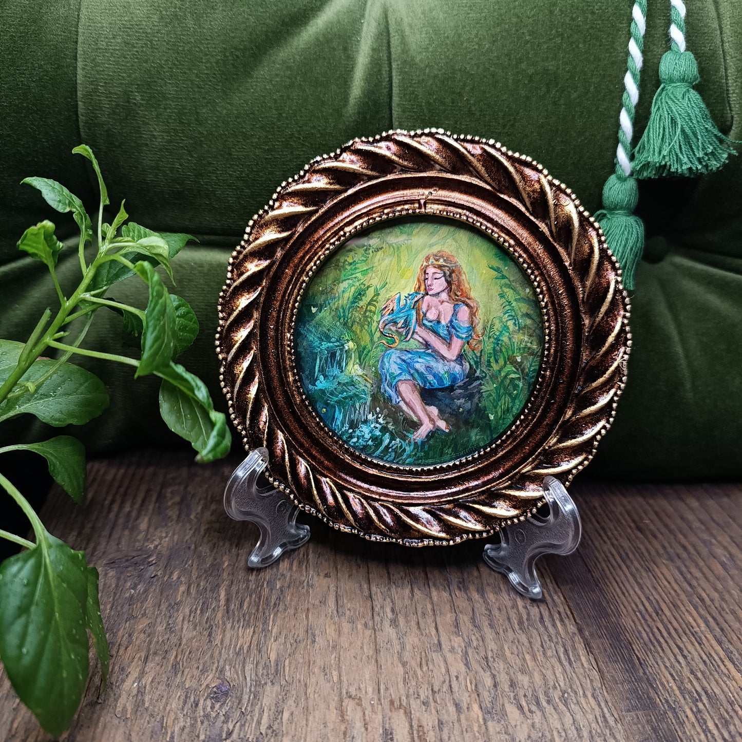 Princess and dragon. Original acrylic painting in a frame.