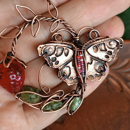 Life circle. Summer strawberry butterfly nebula necklace