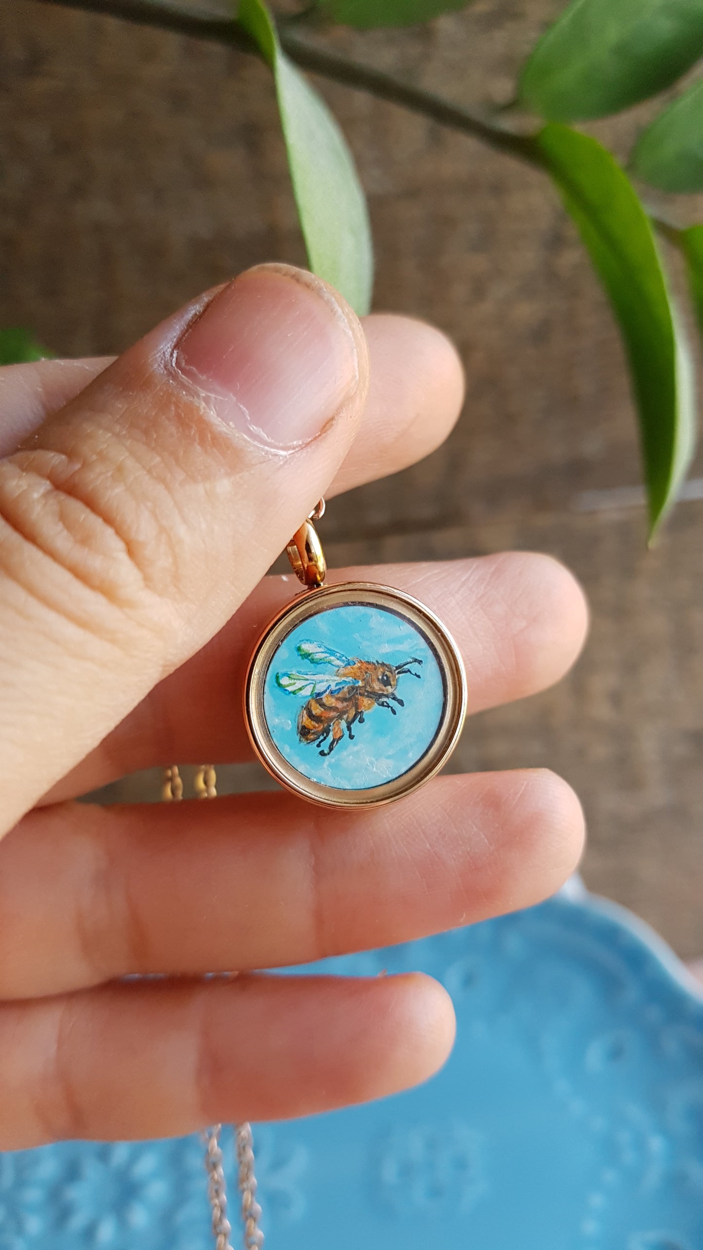 Bee and sunflowers. Double sided mini painted charm.