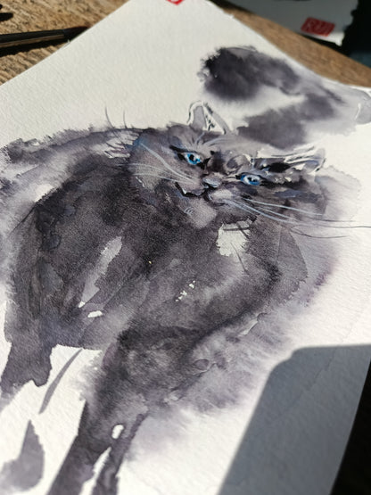 Funny tooth. Fluffy grey cat. Original watercolour