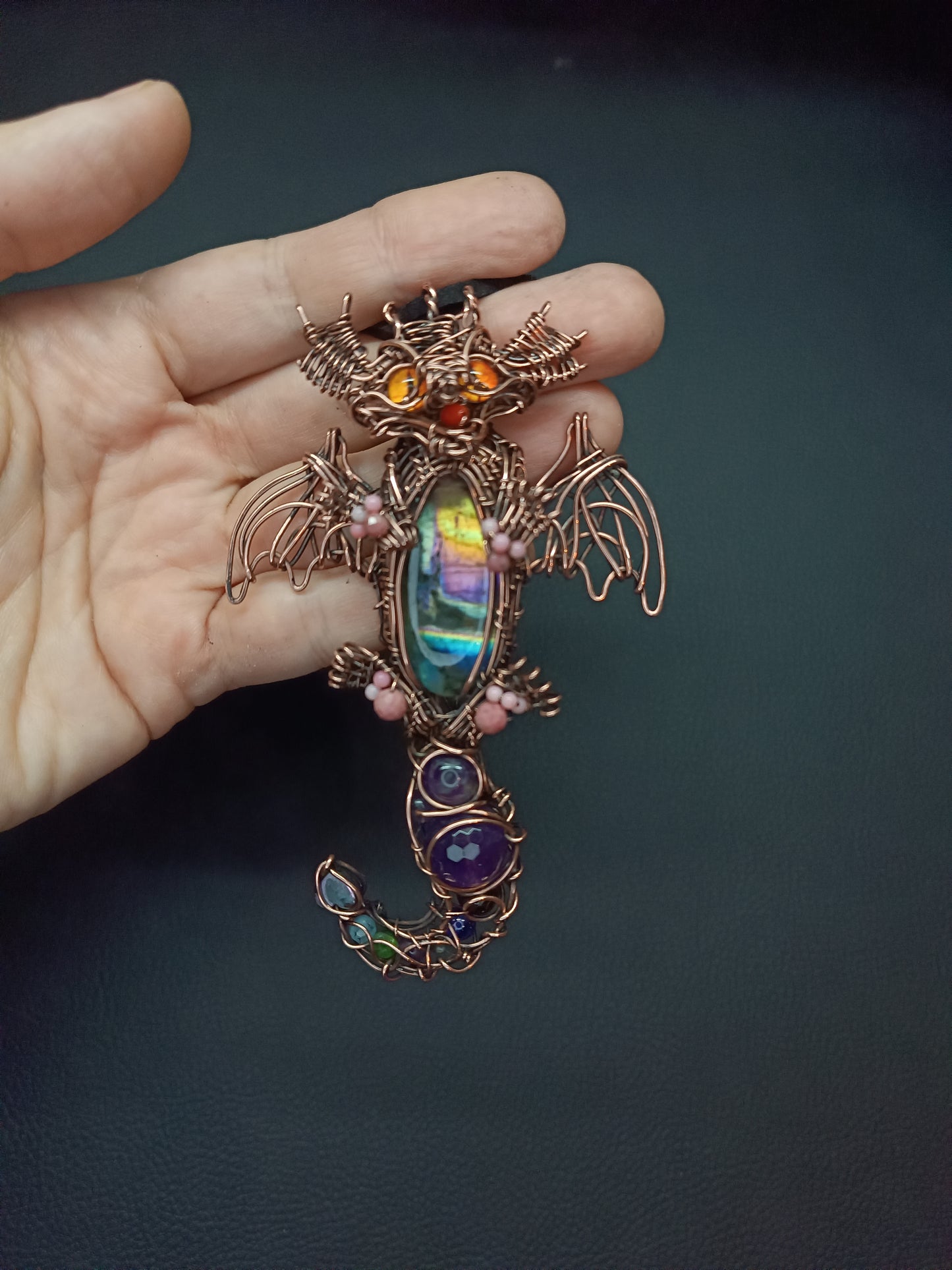 Little drago with rainbow tummy. Necklace.