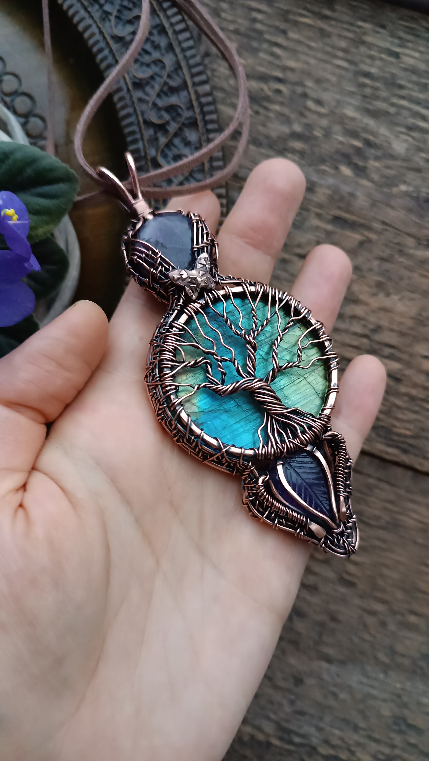 Tree of life necklace with labradorite and amethysts.