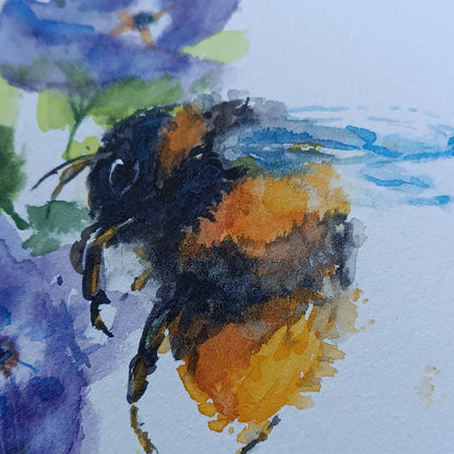 Buzy bee on bellflowers. Original watercolor on paper. Unframed.