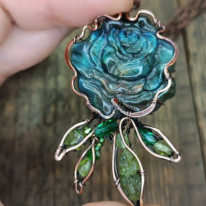 Blue rose with hidden rainbows. Necklace.