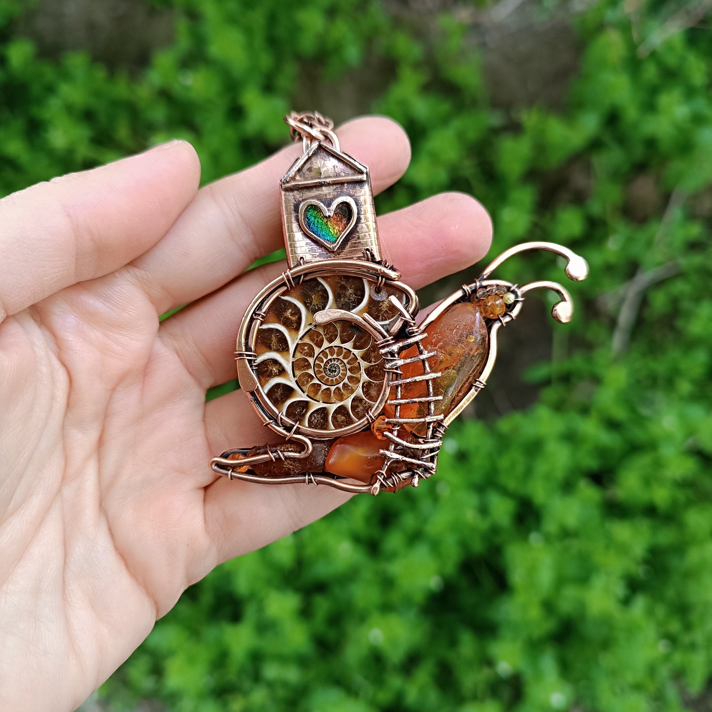 Snail and a fairy house necklace