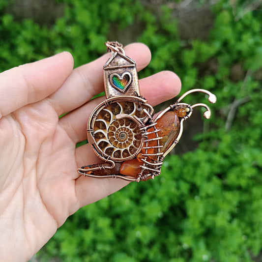 Snail and a fairy house necklace