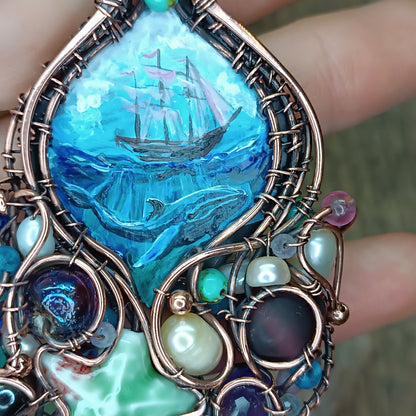 "Ocean" Copper necklace with mini paintings.
