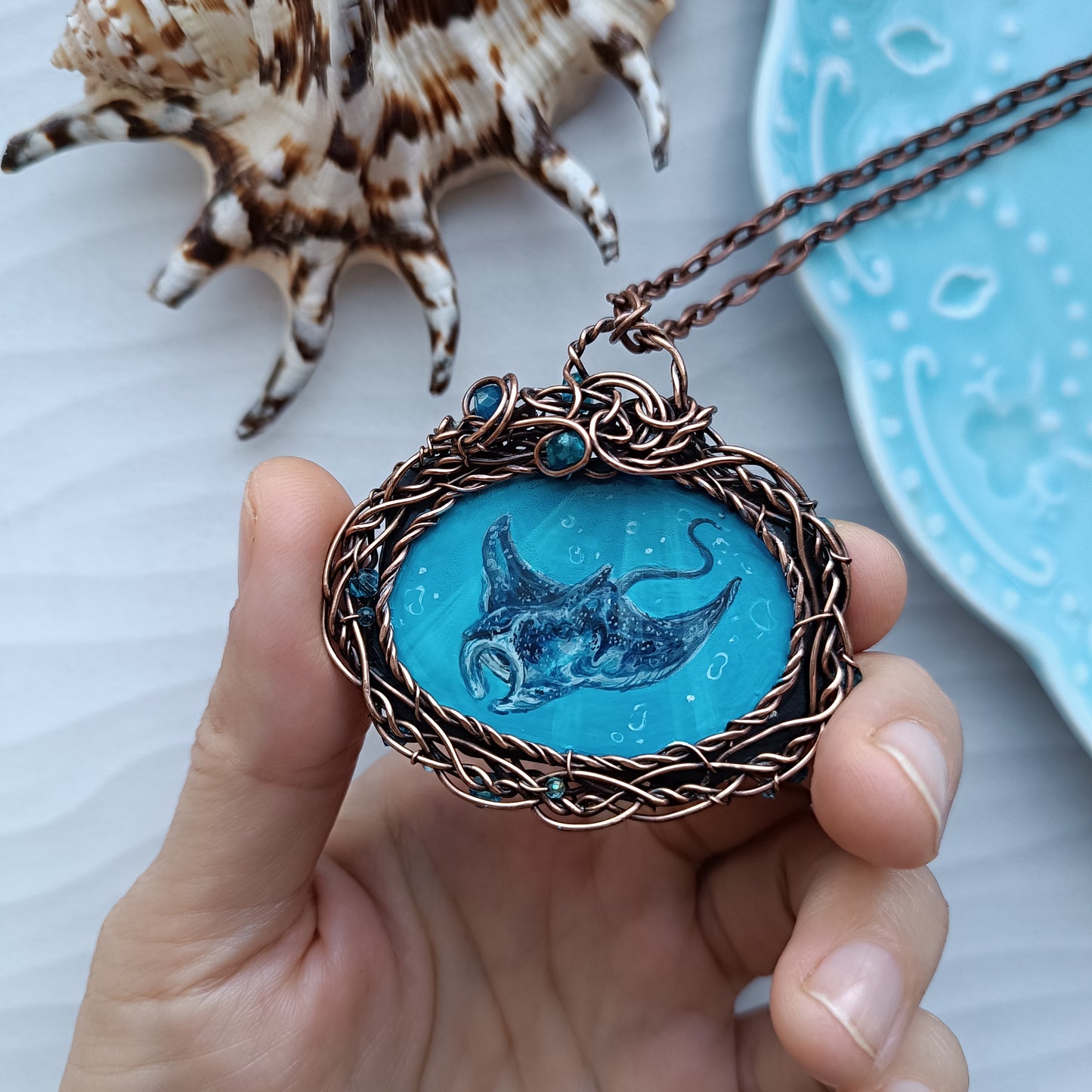 "Unforgettable diving". Wire wrapped and hand painted necklace.