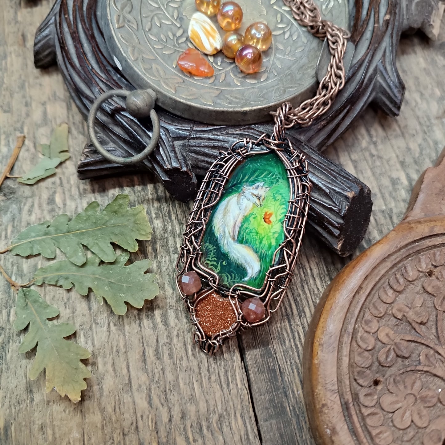 Forest light guardians.🦊🦊 Wire wrapped necklace with miniature paintings.