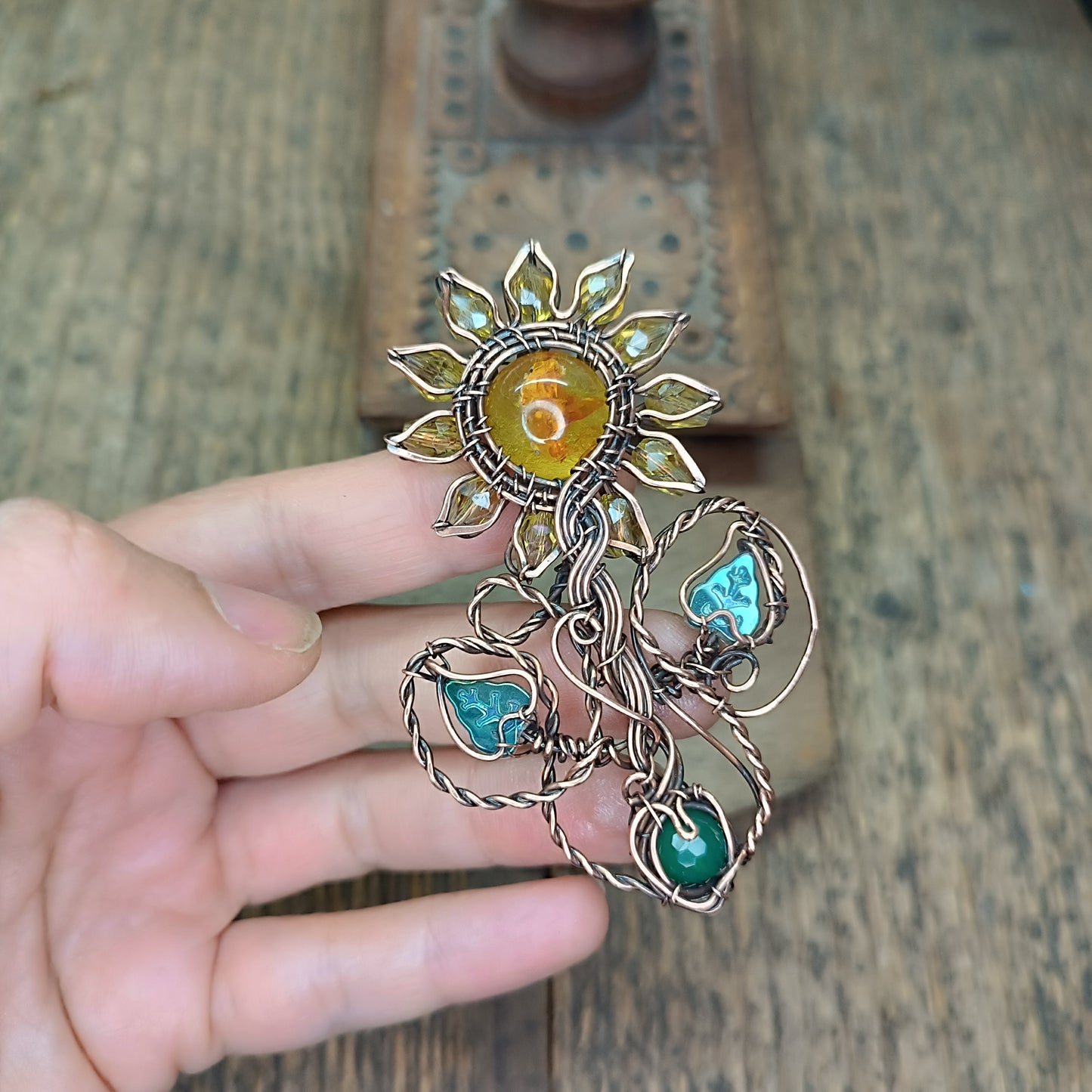 Sunflower pendant with chrysoprase root.