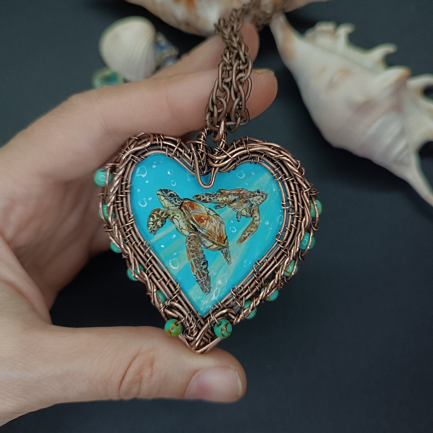 Heart of the ocean. Wire wrapped hand painted necklace. Reversible.