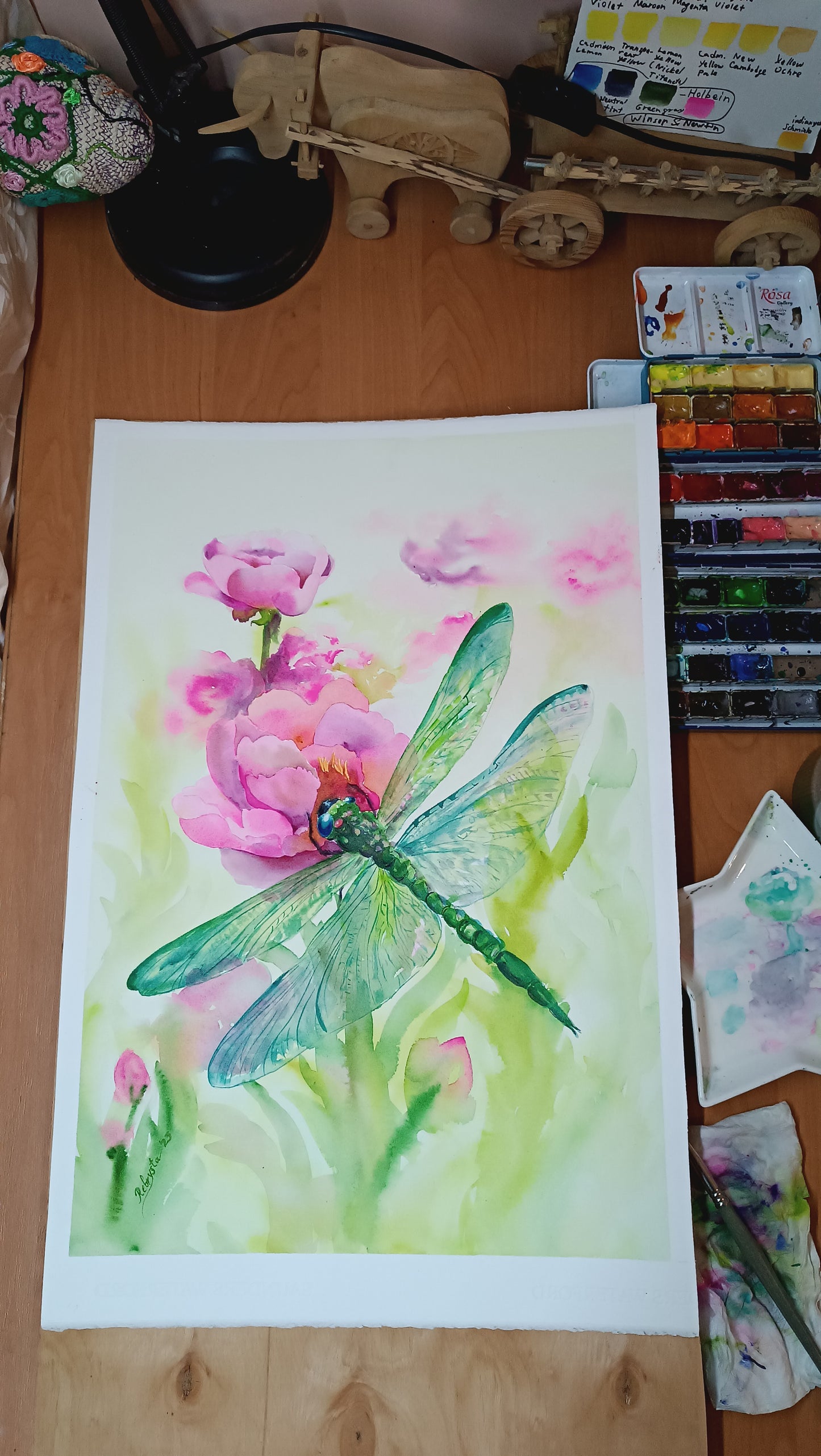 Festive dragonfly on pink peonies Original watercolor