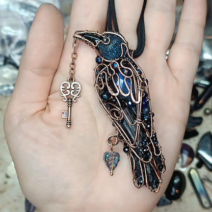 Dark blue night Secret keeper necklace. Blue raven.