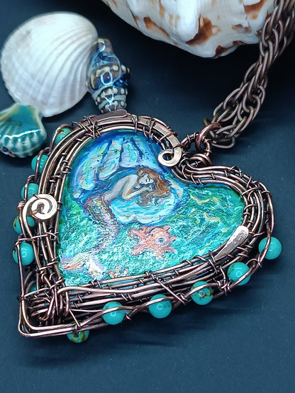 Heart of the ocean. Wire wrapped hand painted necklace. Reversible.