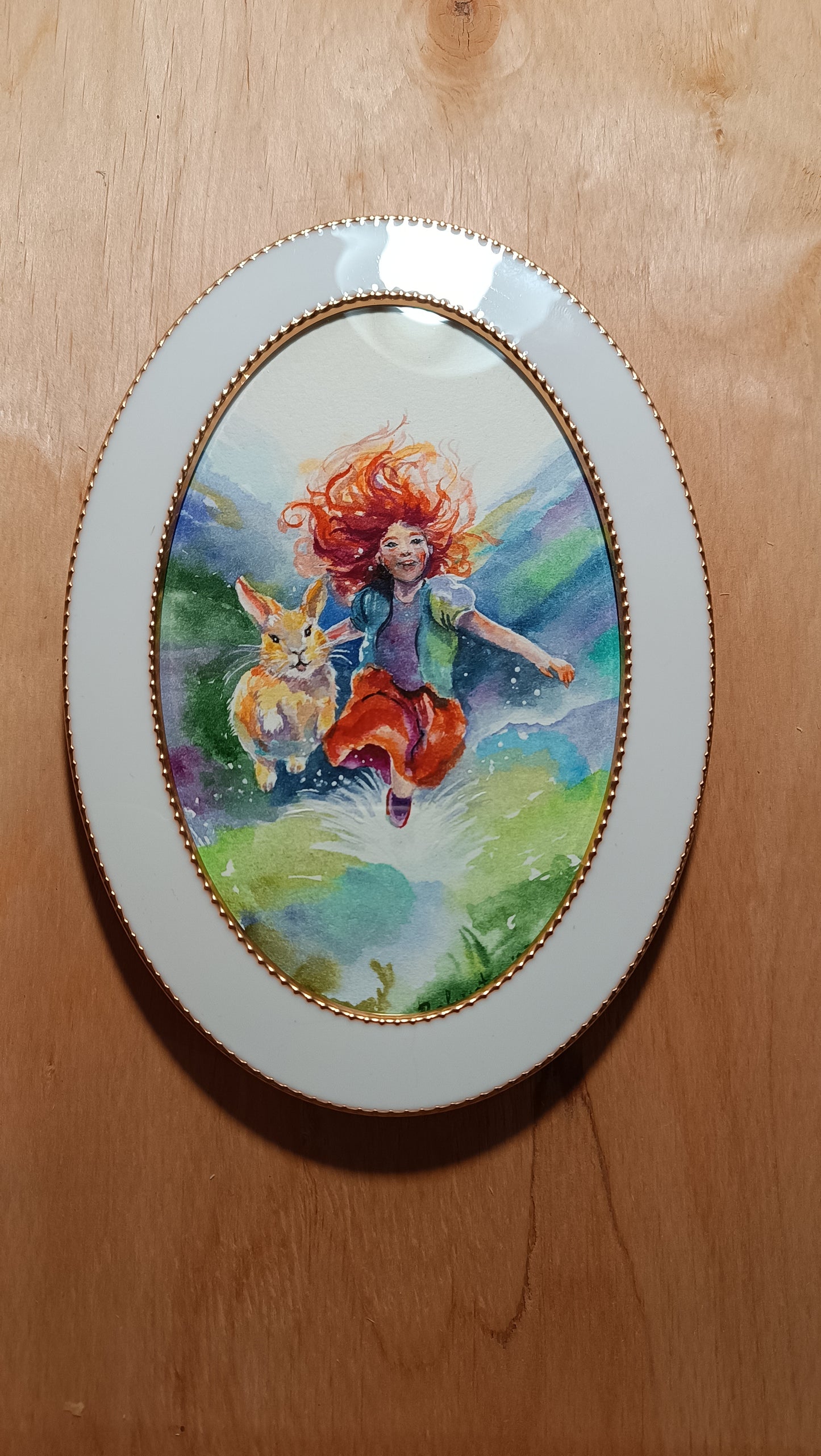 Happy childhood. Original watercolor in the white enameled frame.