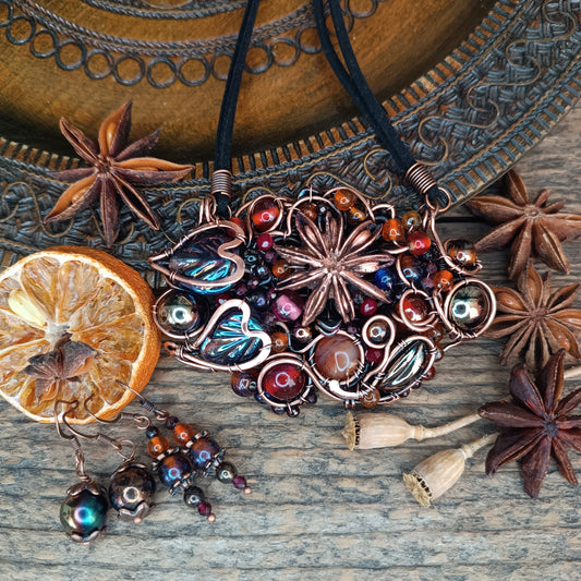 Beaded statement necklace and earrings.
