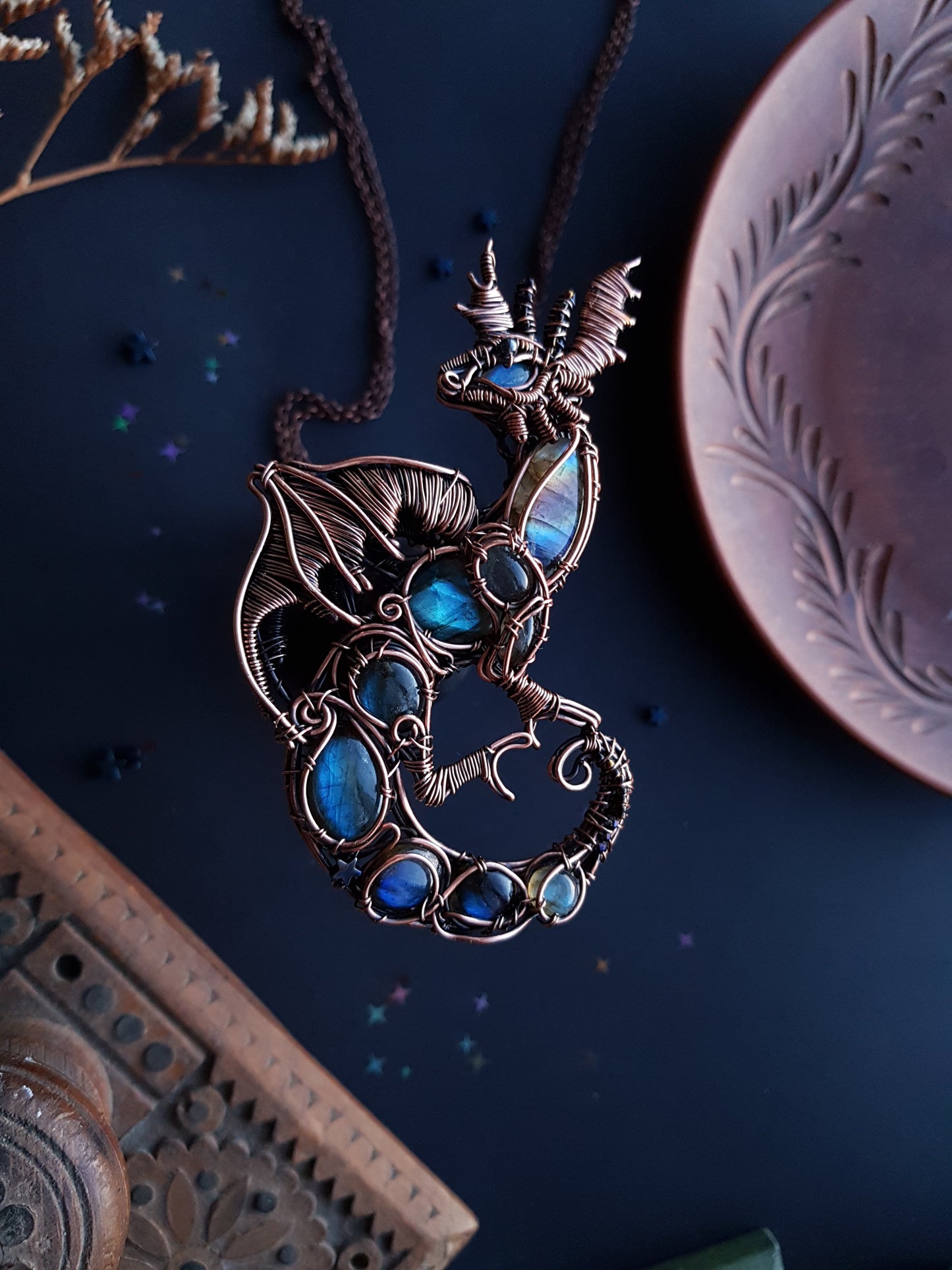 Great water dragon. Wire wrapped copper necklace with labradorites.