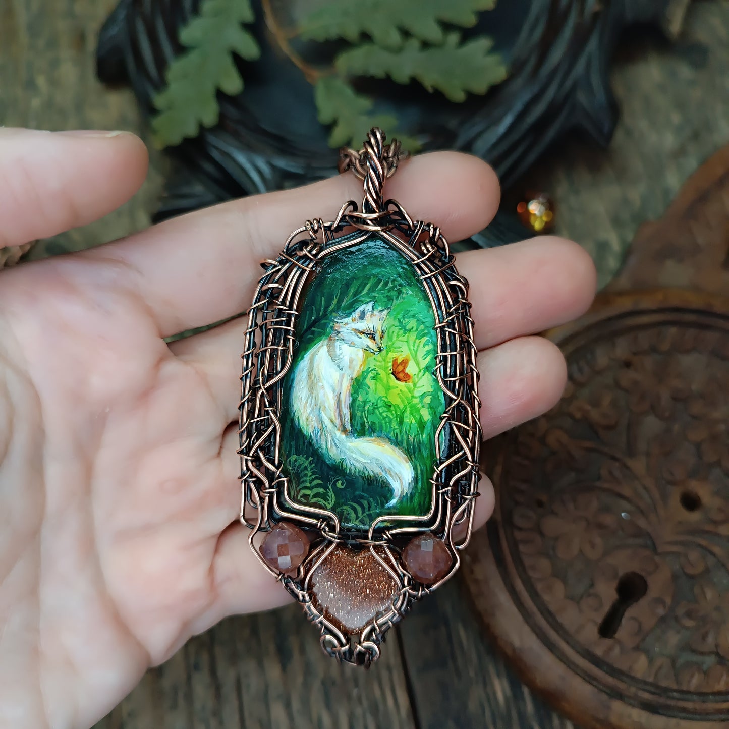 Forest light guardians.🦊🦊 Wire wrapped necklace with miniature paintings.