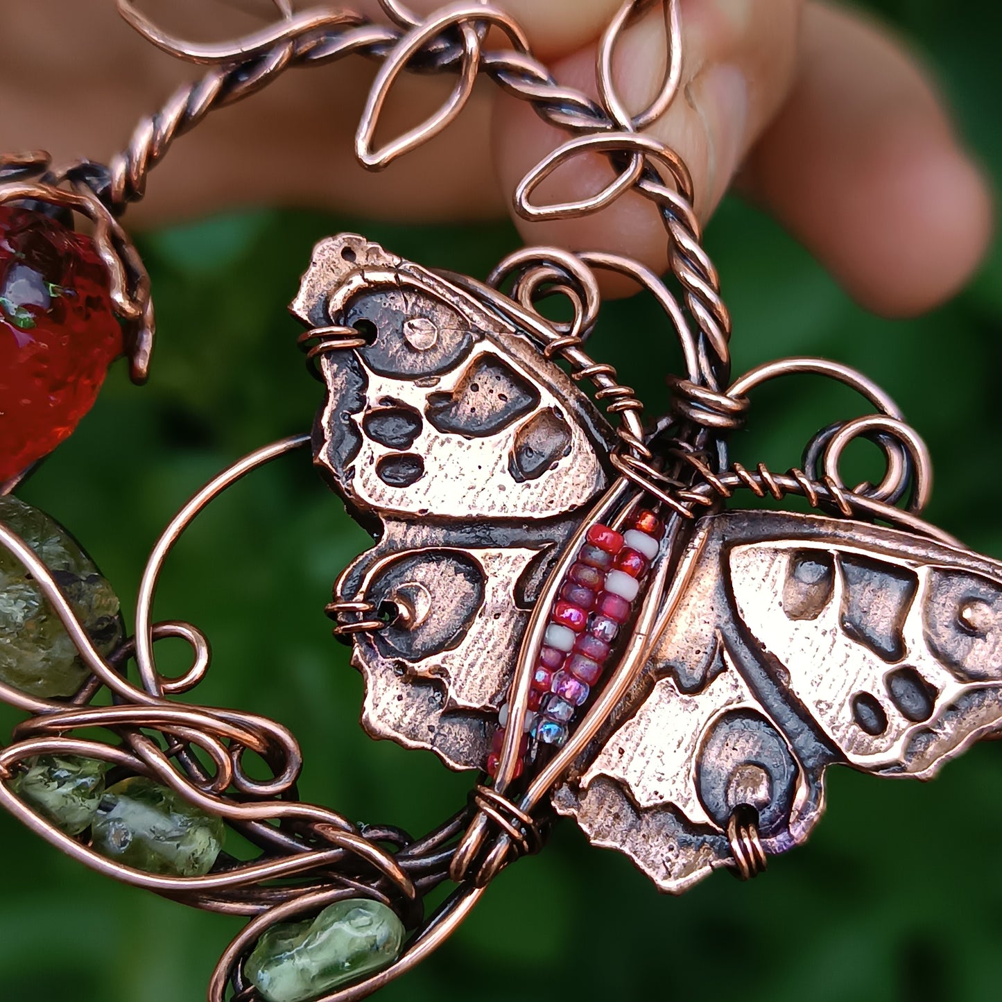 Life circle. Summer strawberry butterfly nebula necklace