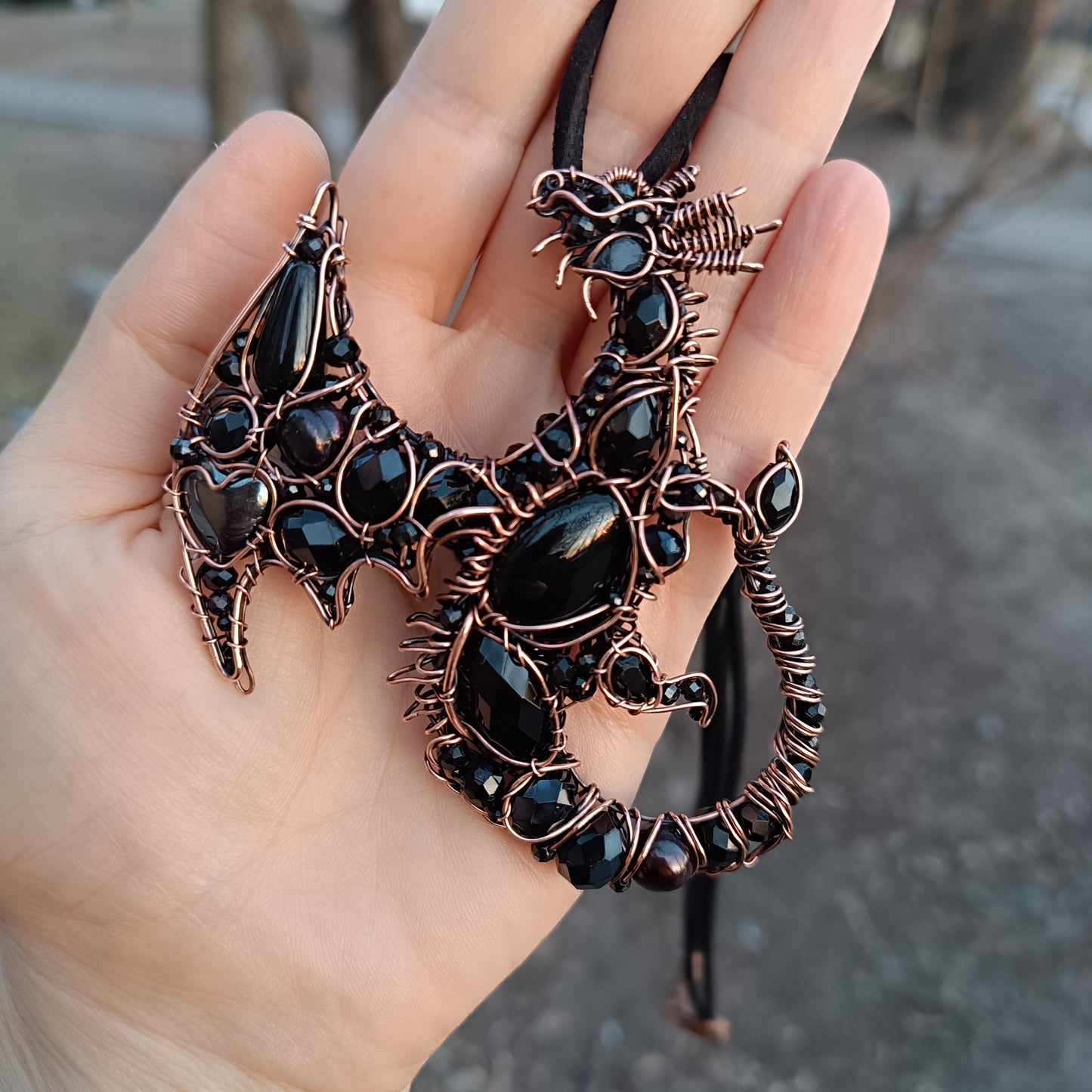 Black Crystal. Dragon necklace.