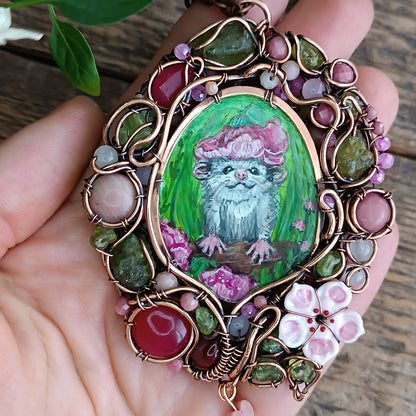 Charming possums and cherry blossom. Wire wrapped 2 sided necklace with miniature paintings