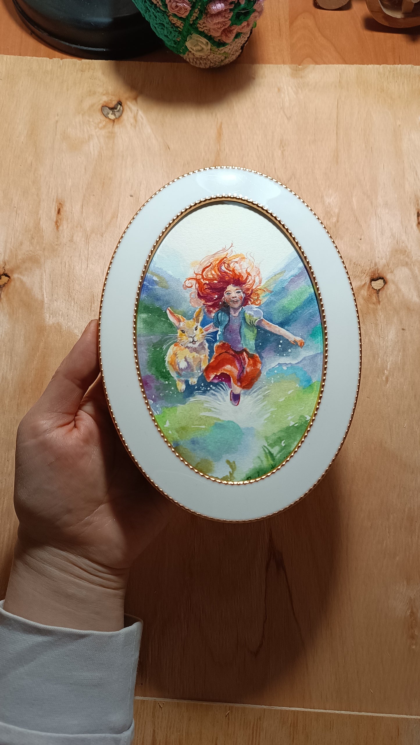 Happy childhood. Original watercolor in the white enameled frame.