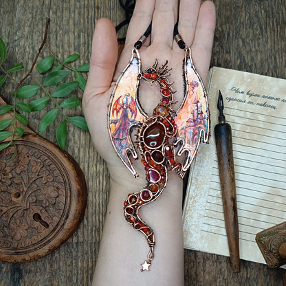 The ballad of Red dragon and his love. Wearable art necklace.