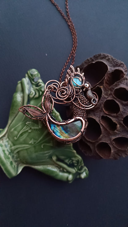 Mermaid and baby seahorse. Wire wrapped necklace