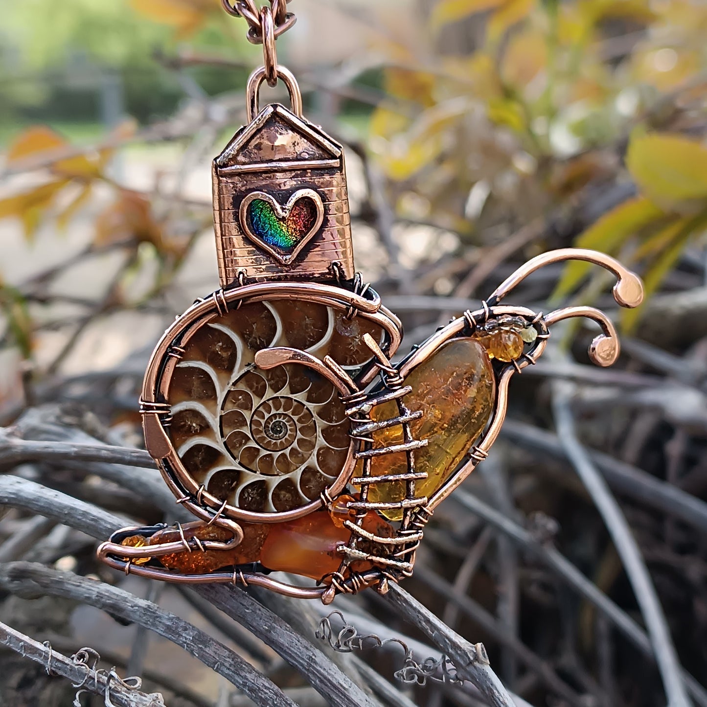Snail and a fairy house necklace