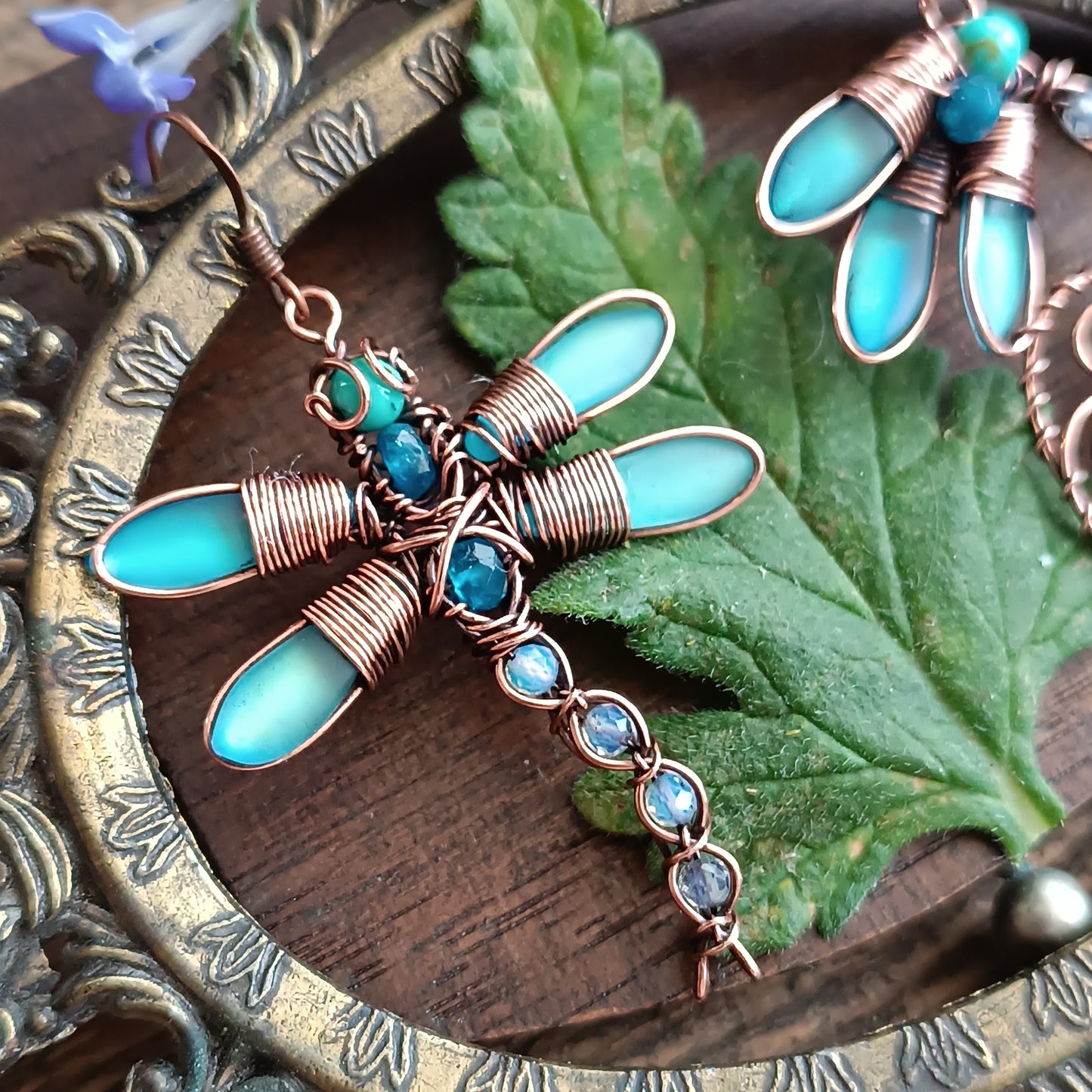 Blue dragonfly and bellflower earrings