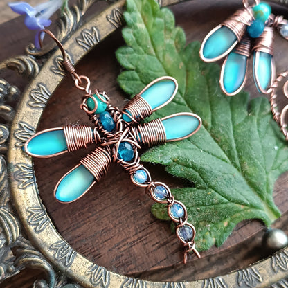 Blue dragonfly and bellflower earrings