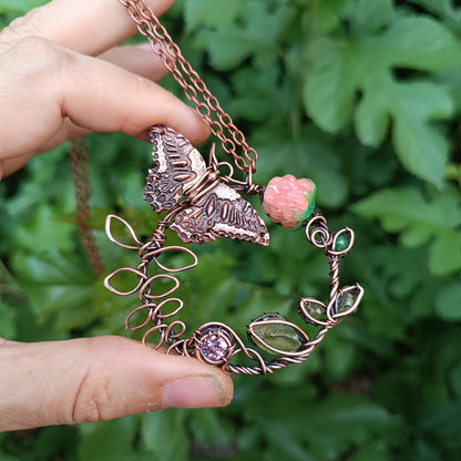 Life circle. Pink raspberry butterfly necklace