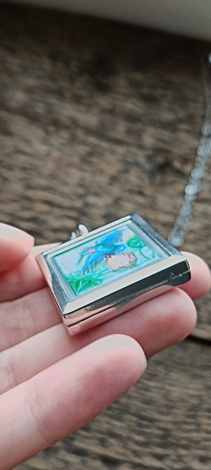 Kingfishers on lotus. Hand painted necklace.