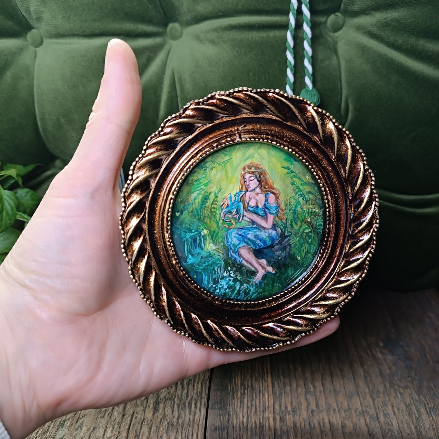 Princess and dragon. Original acrylic painting in a frame.