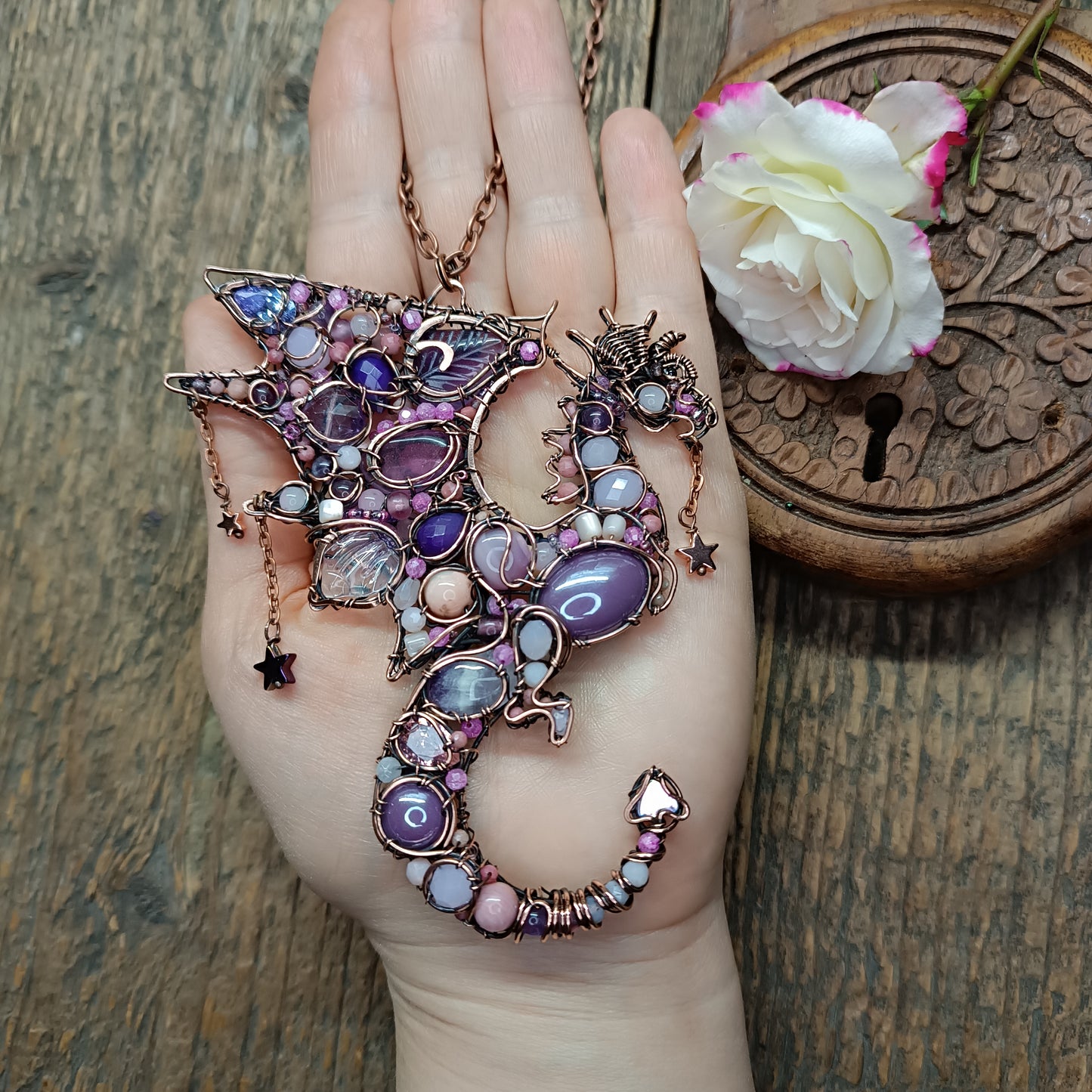 Pink and lavender Stars Catcher. Wire wrapped dragon necklace.