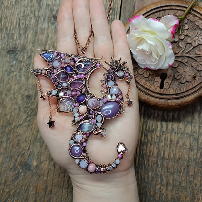 Pink and lavender Stars Catcher. Wire wrapped dragon necklace.