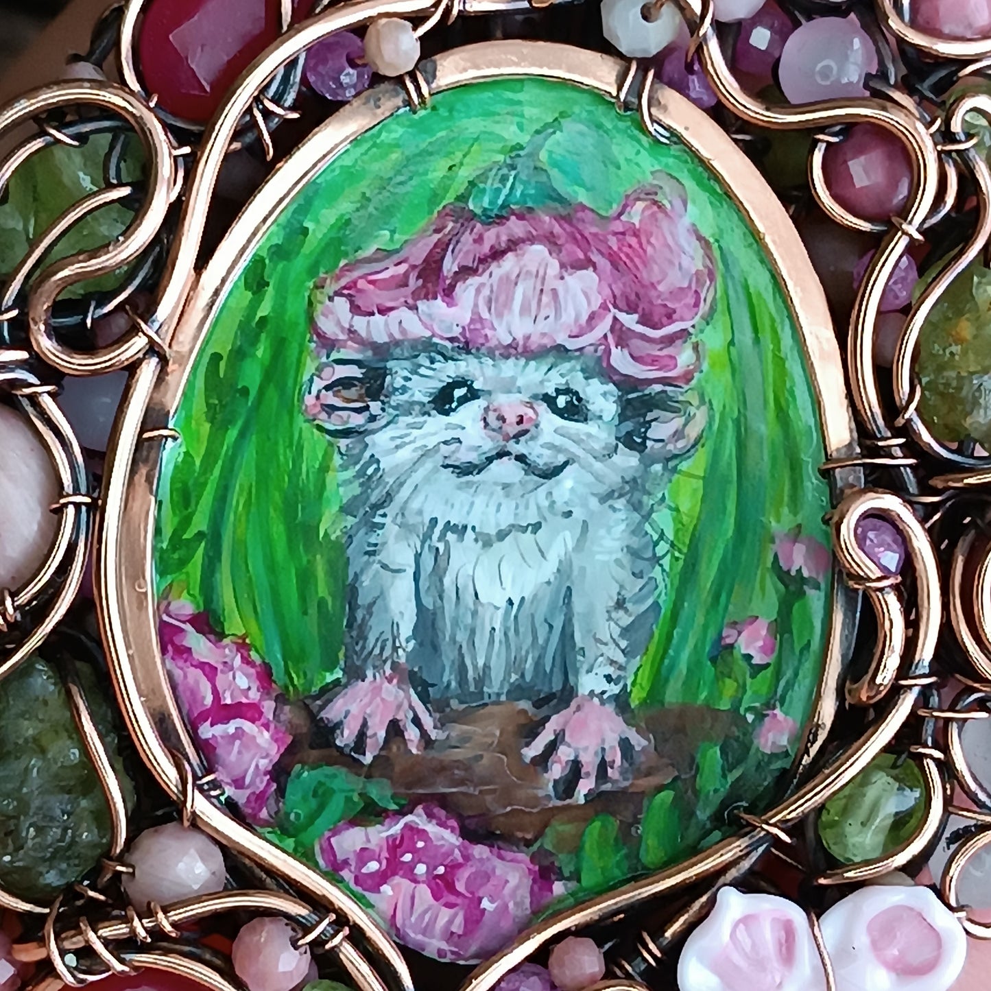 Charming possums and cherry blossom. Wire wrapped 2 sided necklace with miniature paintings
