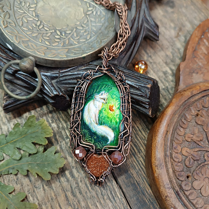 Forest light guardians.🦊🦊 Wire wrapped necklace with miniature paintings.