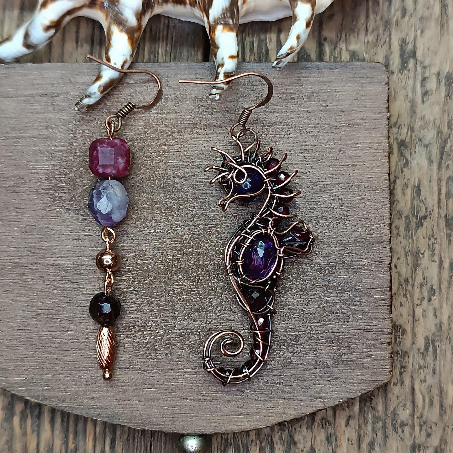 Amethyst and garnet seahorse earrings