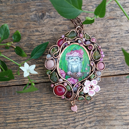 Charming possums and cherry blossom. Wire wrapped 2 sided necklace with miniature paintings