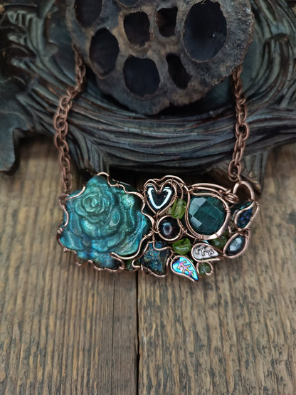 Blue peacock rose necklace
