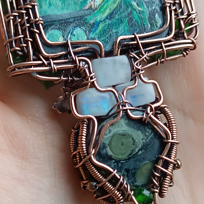 The ballad of white unicorn and princess. Wire wrapped necklace with miniature paintings.