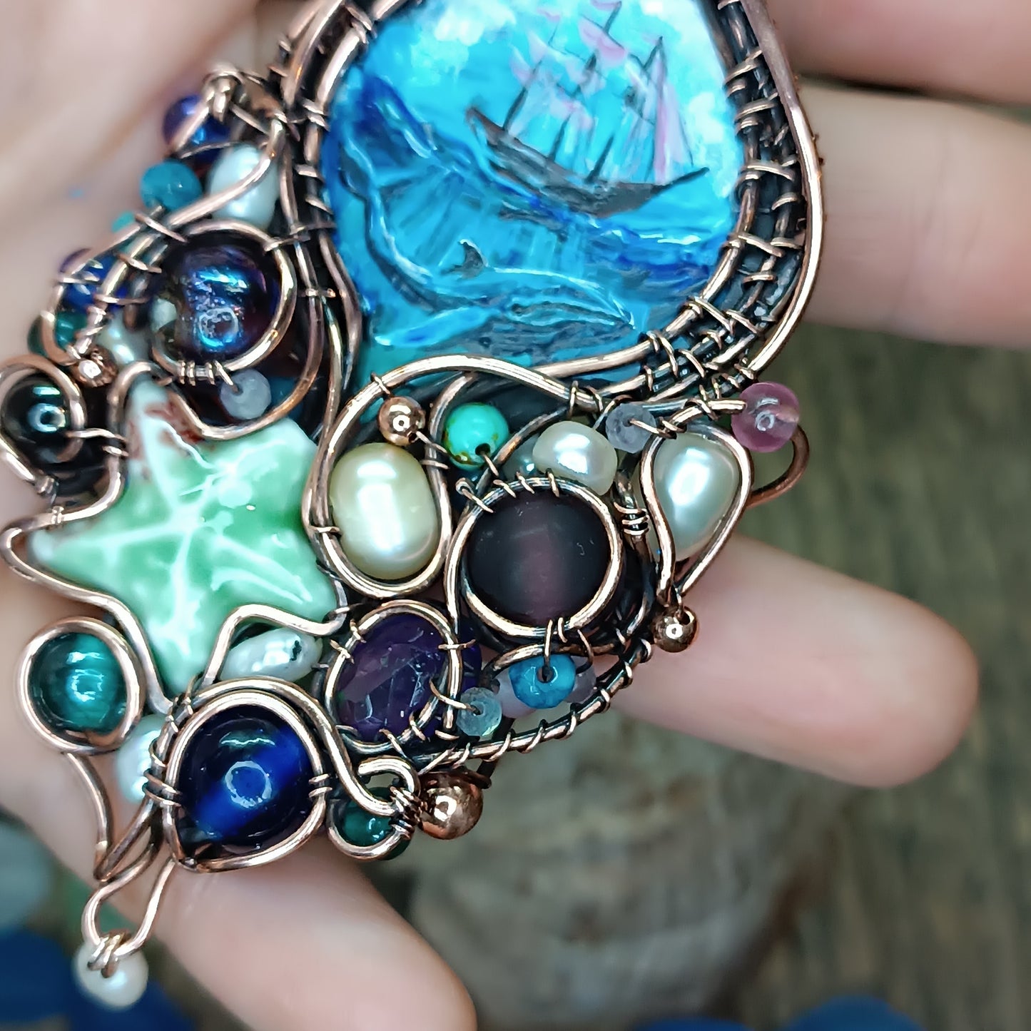 "Ocean" Copper necklace with mini paintings.