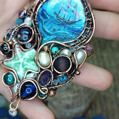 "Ocean" Copper necklace with mini paintings.