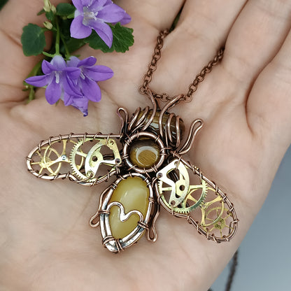 Honey bee necklace with watch cogs