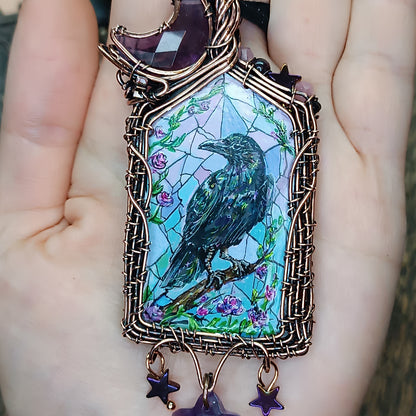Medieval window necklace. Raven and Bat.
