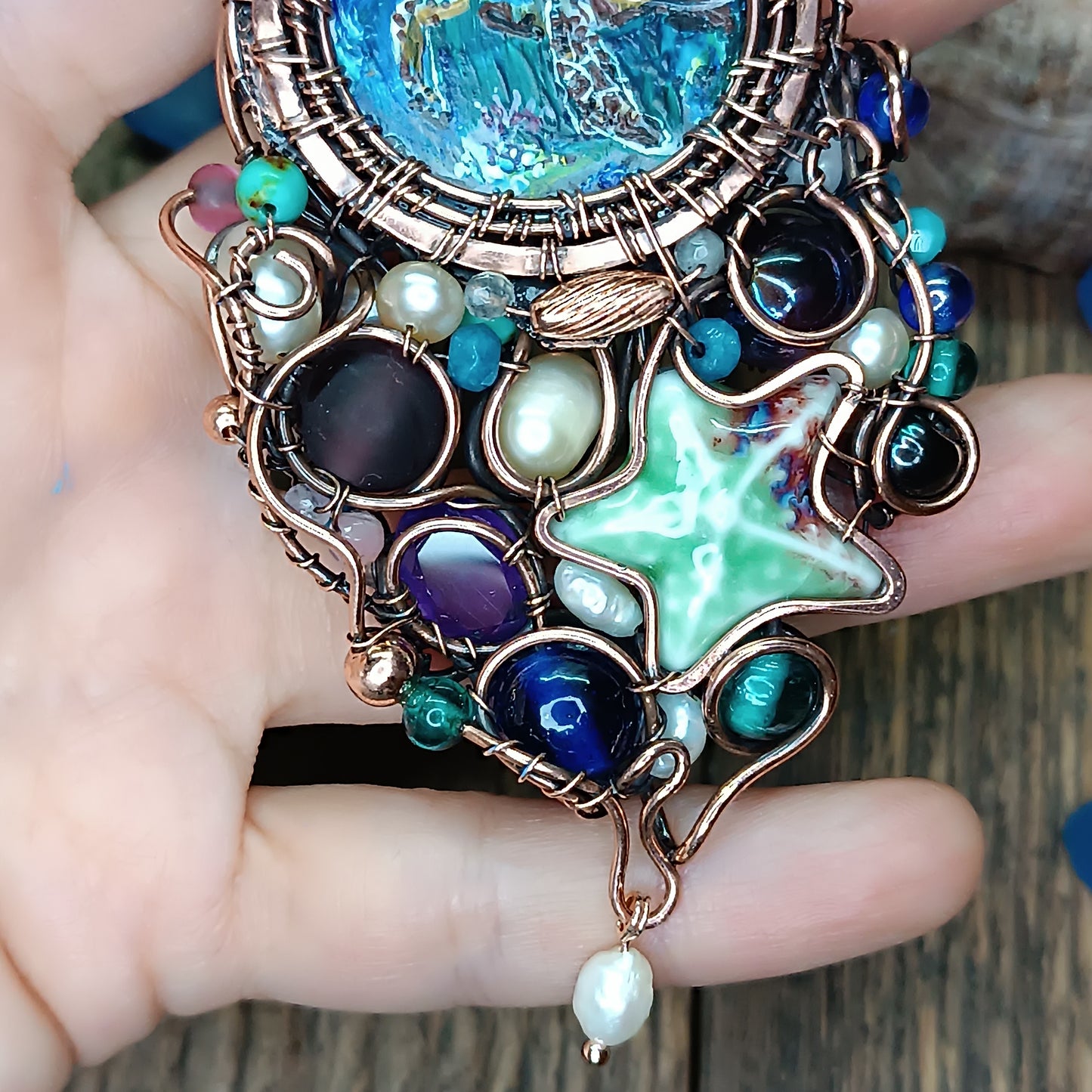 "Ocean" Copper necklace with mini paintings.