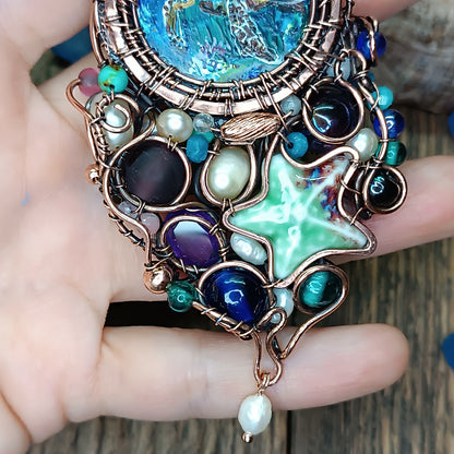 "Ocean" Copper necklace with mini paintings.